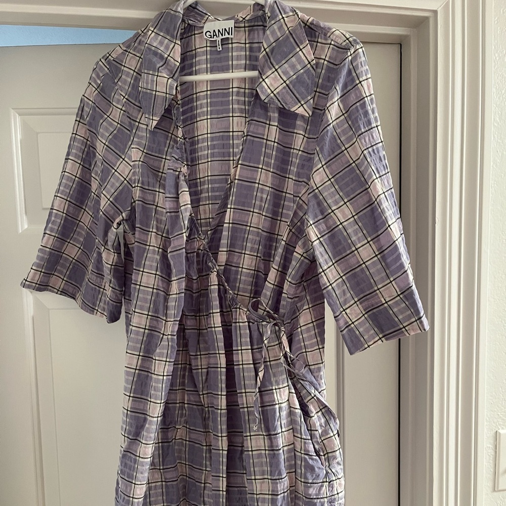 Ganni checked seersucker mini wrap dress